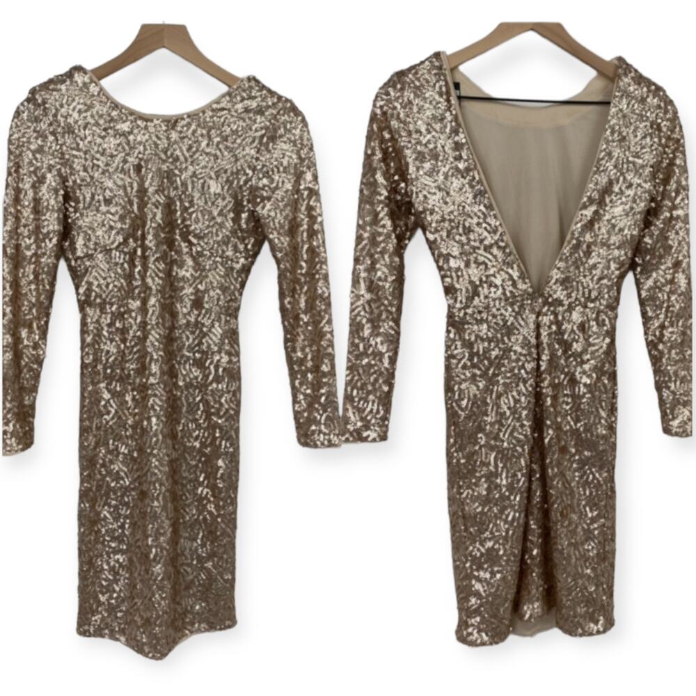 H&M Gold Sequin Mini Dress Long Sleeve Low Back NEW Womens Size 6